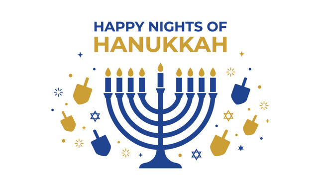 A vibrant and festive hanukkah background vector illustration showcasing a beautiful menorah surrounded by dreidels and stars radiating joy and celebration for the