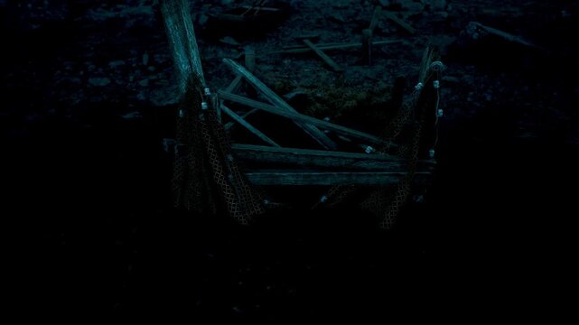 A haunting scene reveals a sunken shipwreck, its weathered wooden frame entwined in seaweed. Dark waters envelop the once mighty vessel, whispering tales of adventure and loss.