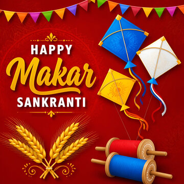 Colorful kites flying on makar sankranti festival background