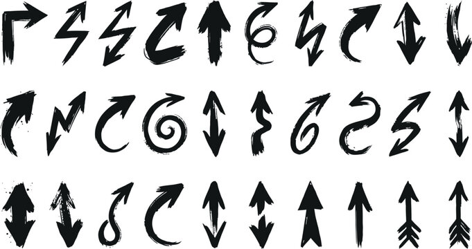 Collection of various hand drawn arrow pointers in charcoal style with direction indicator navigation monochrome artistic