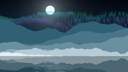 Flat layered arctic ice mountains under northern lights and a starry sky, reflected in water © Nermin