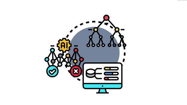 Algorithms and artificial intelligence assist in reactive decision making processes, visualizing data with branching flowcharts and a monitor displaying analytical progress and outcomes