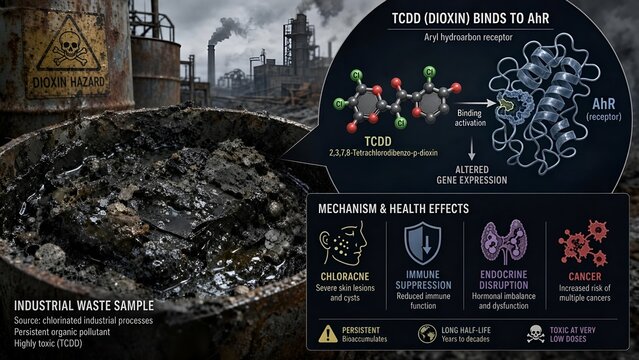 3d illustration of industrial waste sample with tcdd dioxin molecules binding to aryl hydrocarbon receptor ahr causing chloracne immune suppression and endocrine disruption
