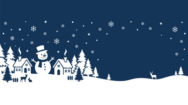 Christmas Background festive winter landscape scene featuring a snowy village with a snowman houses pine trees deer rabbit and falling snowflakes against a dark blue sky Vector