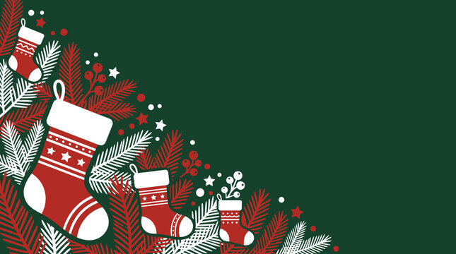 Christmas Background festive winter holiday wallpaper design featuring repeating decorative red and white stockings arranged along green pine branches against a dark grid pa Vector