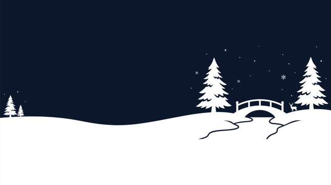 Christmas Background winter wonderland landscape scene featuring a snowy hill with a small bridge pine trees and a tiny deer silhouette against a dark blue starry night sky Vector