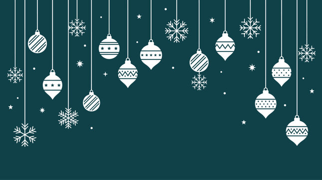 Christmas Background festive winter holiday wallpaper design featuring repeating hanging white snowflake ornaments and baubles dangling from vertical strings against a dark Vector