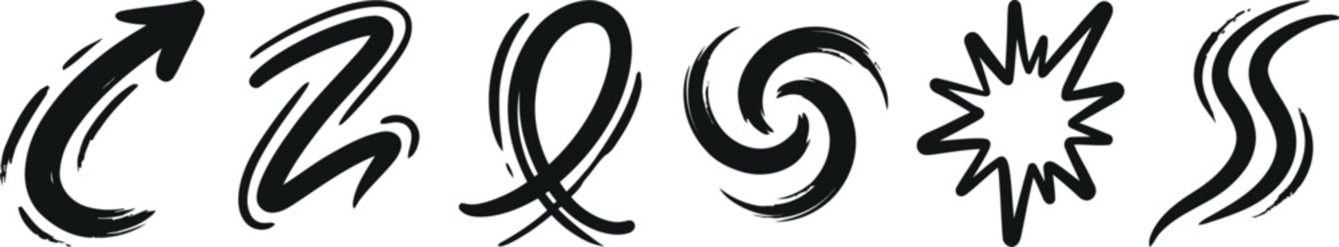 Set of grunge ink brush stroke abstract symbols and arrows with creative