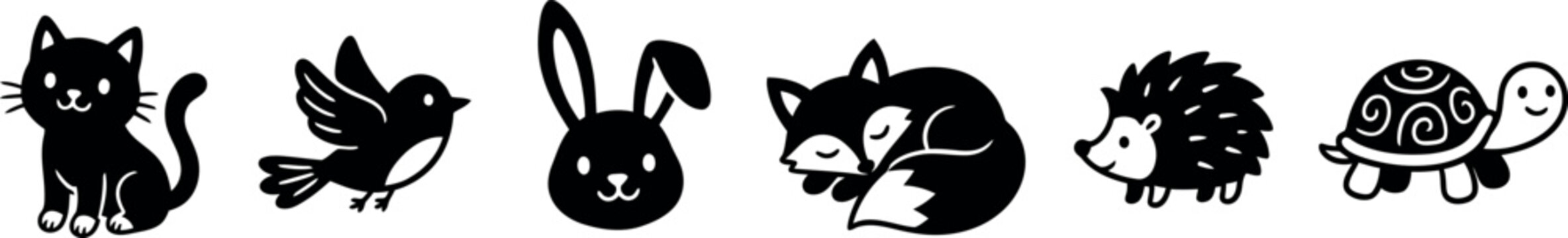 Set of cute animal heads and pets silhouettes in black and white with hedgehog wildlife silhouette