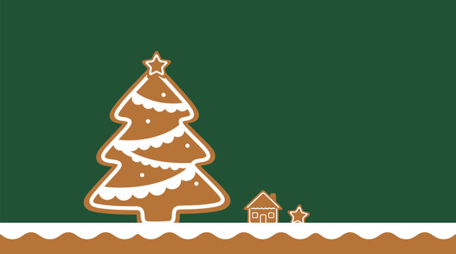Christmas Background festive winter holiday wallpaper design featuring a large decorated gingerbread tree alongside a tiny house and star on a snowy landscape against a gree Vector