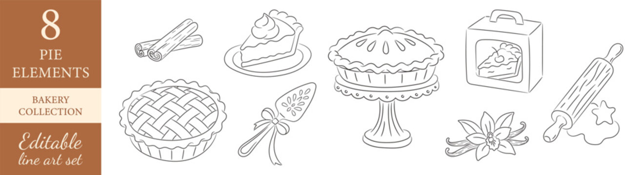 Pie and baking line art set with homemade pies, pastry slice, rolling pin, cinnamon, vanilla flower and bakery elements