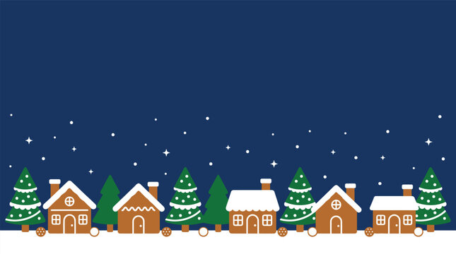 Christmas Background winter wonderland landscape featuring a charming village with cute gingerbread houses and pine trees set against a dark blue starry night sky Vector