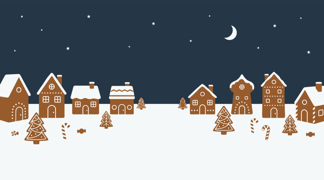 Christmas Background festive winter wonderland landscape featuring a charming village with cute gingerbread houses and pine trees set against a dark blue starry night sky Vector