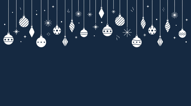 Christmas Background festive winter holiday wallpaper design featuring hanging ornaments baubles and star bursts on a dark blue textured background Vector