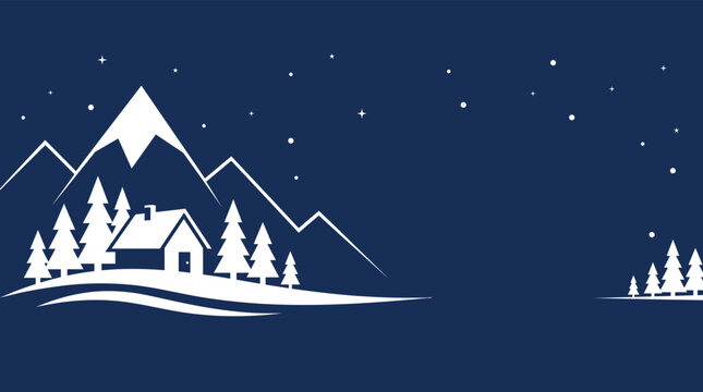 Christmas Background winter wonderland landscape featuring a cozy cabin nestled among pine trees and majestic mountains under a dark blue starry night sky Vector