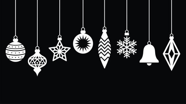Christmas Background festive holiday wallpaper design featuring hanging ornaments baubles and geometric stars on a solid black background Vector