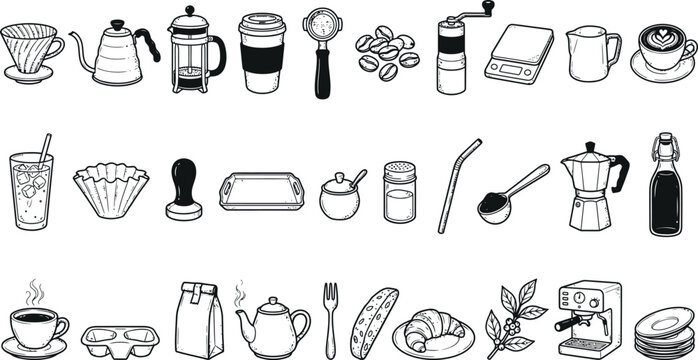 Hand drawn set of coffee brewing equipment and cafe accessories