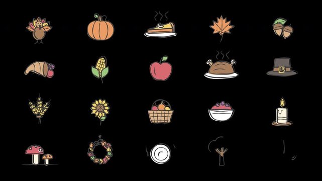 Hand Drawn Thanksgiving autumn set turkey pumpkin pie leaf acorn cornucopia 4K Animation with alpha transparent background