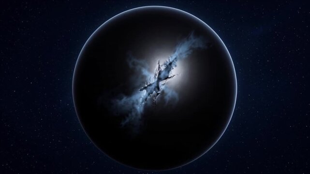 漆黒の炭素惑星で炭化ケイ素の地表と黒鉛の亀裂帯が宇宙空間に浮かぶ様子