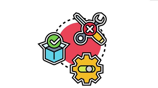 Software setup and configuration process icon showing a system gear with a toggle switch, an open box with a checkmark, and crossed out tools, installation and readiness concepts