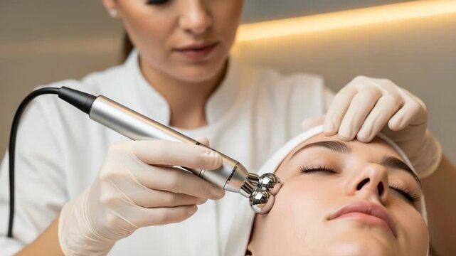 Professional cosmetologist performing a microcurrent facial treatment on a young woman. Hardware cosmetology procedure for anti aging skin care and lifting effect in a beauty salon