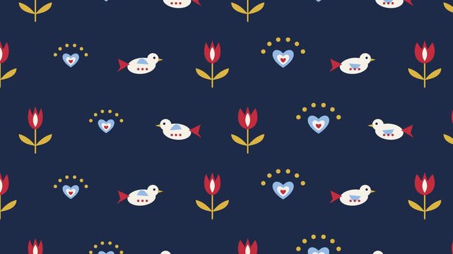 Scandinavian Folk Art Flowers And Birds Pattern Blooming
