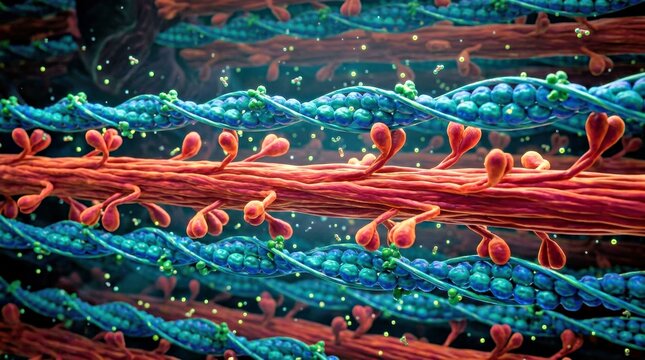 Actin and Myosin Filaments Interacting During Muscle Contraction, Detailed 3D Molecular Anatomy Illustration