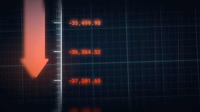 Falling red arrow beside a scale of negative numbers on a dark grid, shifting from blue to red as losses grow, market crash and recession animation