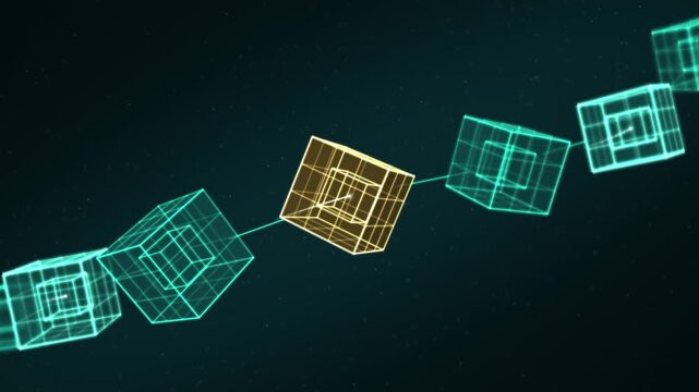 Teal and gold blockchain cubes on dark background in a seamless loop. Abstract wireframe blocks in a rotating chain. Animation for crypto and fintech intros.
