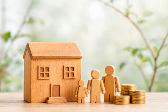 A small wooden house with a family figurine and gold coins