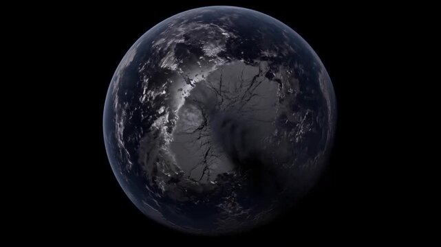 漆黒の炭素惑星で炭化ケイ素の地表と黒鉛の亀裂帯が宇宙空間に浮かぶ様子