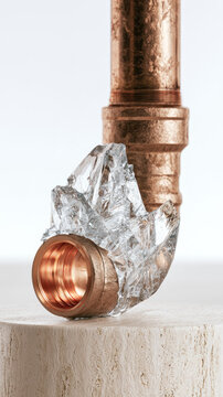 Copper pipe frozen ice burst fitting leak damage macro still life Copper pipe fitting fractured by clear ice, showing freeze damage, metallic texture, and winter plumbing failure pale stone