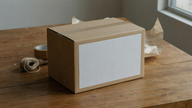 A brown cardboard shipping box with a large blank white label on the front sitting on a wooden table with twine and packing paper in the background