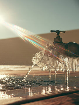 Frozen pipe leak from outdoor faucet with thick icicle, dripping water, sunlight flare and winter household maintenance scene