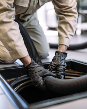 Grease trap pumping, sanitation technician, black suction hose, waterproof glove, commercial kitchen maintenance work