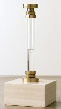 Brass valve with transparent tube on travertine pedestal creates minimalist industrial sculpture with clean geometry, neutral color, and elegant studio lighting