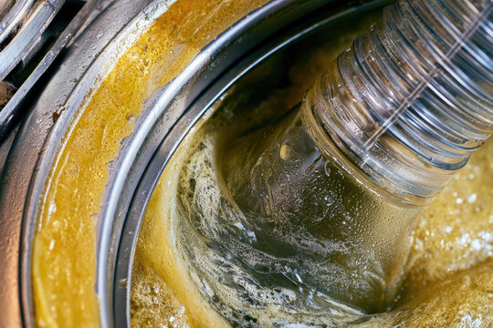 Grease trap waste suction hose extracting oily liquid and organic sediment from industrial stainless steel container under vacuum pressure with bubbles and residue