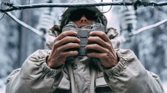 Winter observer holding binocular through overhead wire in snowy forest with focused expression and layered outdoor clothing creating quiet wilderness moment