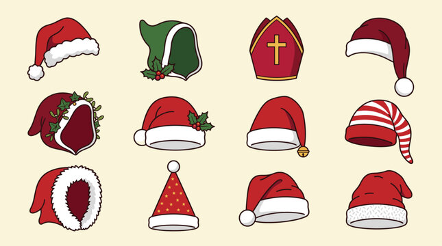 Collection of various festive Christmas hats including Santa hats and elf hoods in flat vector design.
