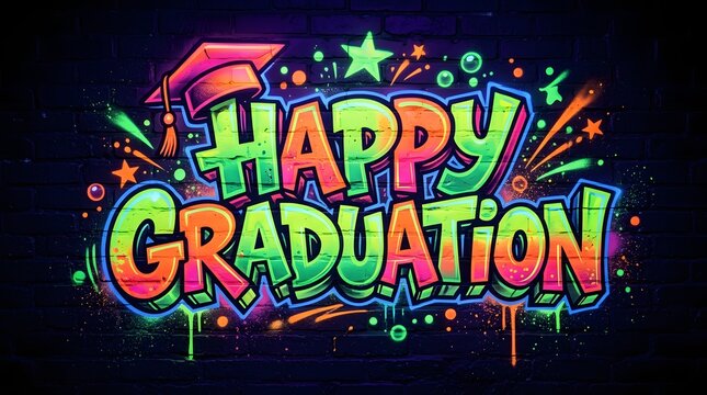 Vibrant happy graduation graffiti typography with neon green, pink, blue, and yellow letters, stars, and playful urban decorations.