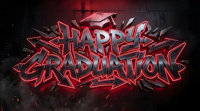 Bold red and black happy graduation graffiti lettering with sharp angular shapes and dramatic outlines on a dark red background.