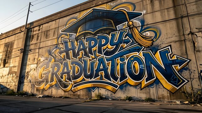Gold and blue happy graduation graffiti lettering with layered outlines and decorative street art details on a textured wall.