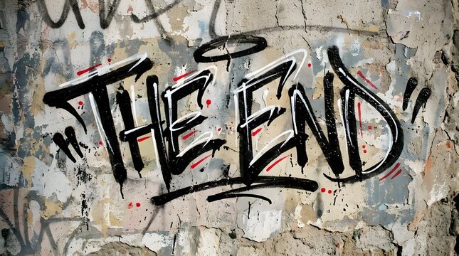 Black graffiti lettering spelling The End on a distressed concrete surface, combining expressive brush strokes and rough urban street art.