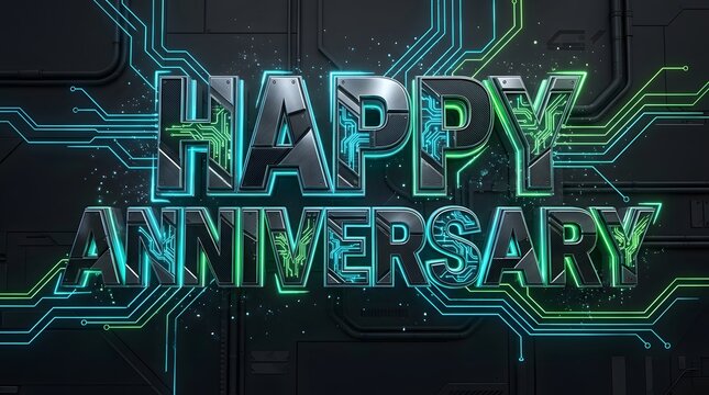 Futuristic happy anniversary lettering in glowing teal and green tones with digital circuit patterns on a dark technological background.