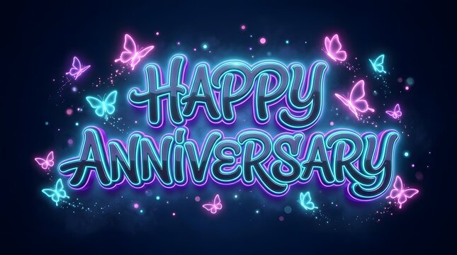 Elegant blue, purple, and cyan Happy Anniversary script lettering with soft luminous edges, creating a romantic digital greeting for special milestones.