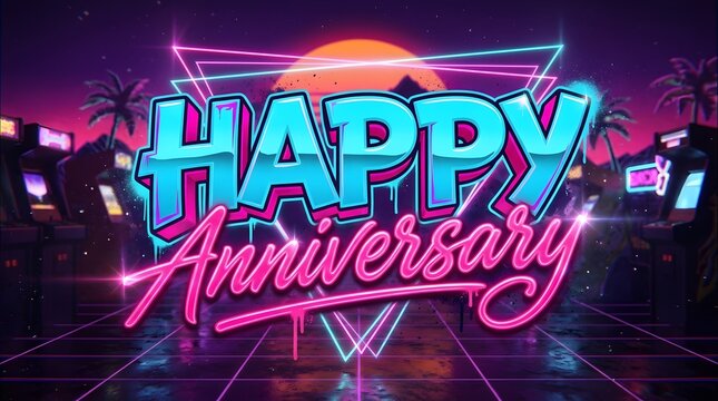 Bold pink and cyan Happy Anniversary typography with futuristic neon outlines and luminous highlights, designed for modern romantic celebrations.