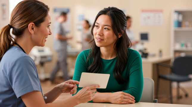 Female doctor in scrubs explaining diagnosis to an Asian woman patient in a clinic. Medical consultation and healthcare communication. Epilepsy Awareness Month concept