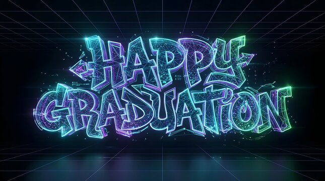 Bold blue neon Happy Graduation typography with luminous outlines and dimensional lettering on a dark background, ideal for graduation announcements.