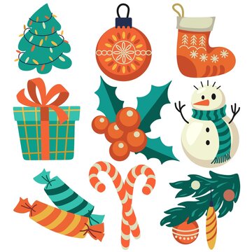 Vintage Christmas vector icons set of 9 flat retro holiday element collection 

