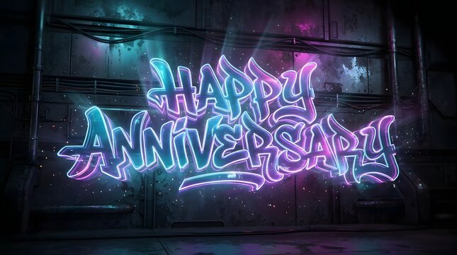 Futuristic purple and blue Happy Anniversary lettering with glowing outlines and dimensional effects, creating a stylish digital greeting for couples.